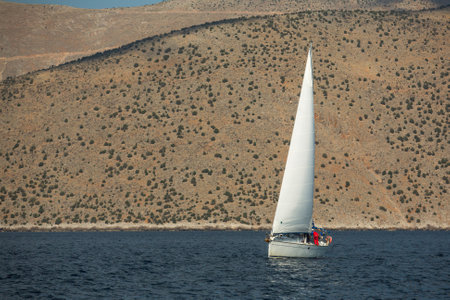 CORINTH - GALAXIDI, GREECE - CIRCA SEP, 2014: Sailors participate in sailing regatta 12th Ellada Autumn 2014 among Greek island group in the Aegean Sea, in Cyclades and Argo-Saronic Gulf.のeditorial素材