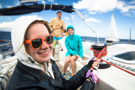 ERMIONI - LEONIDIO, GREECE - CIRCA MAY, 2014: Sailors participate in sailing regatta 11th Ellada Spring 2014 among Greek island group in the Aegean Sea, in Cyclades and Argo-Saronic Gulf.のeditorial素材
