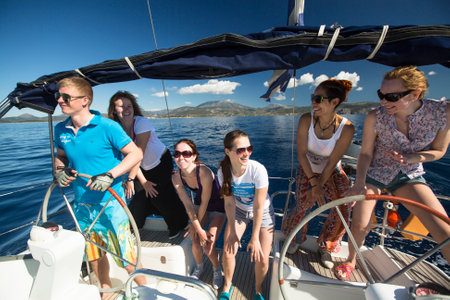 ERMIONI - LEONIDIO, GREECE - CIRCA MAY, 2014: Sailors participate in sailing regatta 11th Ellada Spring 2014 among Greek island group in the Aegean Sea, in Cyclades and Argo-Saronic Gulf.のeditorial素材