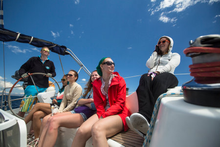 ERMIONI - LEONIDIO, GREECE - CIRCA MAY, 2014: Sailors participate in sailing regatta 11th Ellada Spring 2014 among Greek island group in the Aegean Sea, in Cyclades and Argo-Saronic Gulf.のeditorial素材