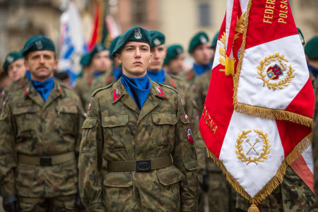 KRAKOW, POLAND - NOV 11, 2015: Unidentified participants celebrating National Independence Day an Republic of Poland - is a public holiday, celebrated every year from 1918 year.のeditorial素材