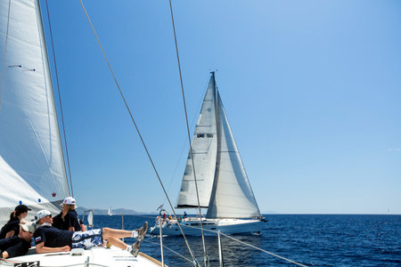 HYDRA, GREECE - CIRCA OCT, 2014: Sailors participate in sailing regatta 12th Ellada Autumn 2014...