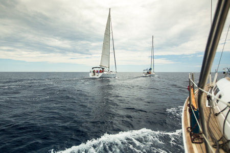 MONEMVASIA, GREECE - CIRCA MAY, 2014: Sailor participate in sailing regatta 11th Ellada 2014 Spring among Greek island group in the Aegean Sea, in Cyclades and Argo-Saronic Gulf.のeditorial素材