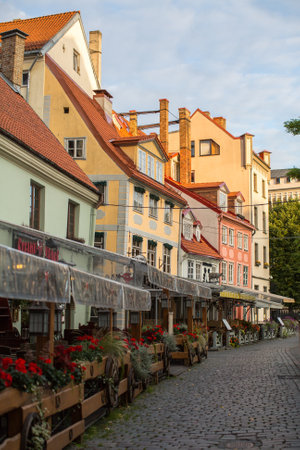 RIGA, LATVIA - CIRCA SEN, 2015: One of the streets in medieval town of old Riga. Riga has long been a Hanseatic city, there are buildings of different styles from medieval to modern architecture.のeditorial素材