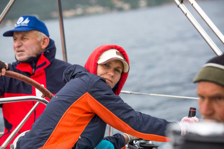 MONEMVASIA, GREECE - CIRCA MAY, 2014: Sailor participate in sailing regatta 11th Ellada 2014 Spring among Greek island group in the Aegean Sea, in Cyclades and Argo-Saronic Gulf.のeditorial素材
