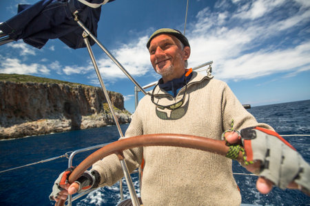 MONEMVASIA, GREECE - CIRCA MAY, 2014: Sailor participate in sailing regatta 11th Ellada 2014 Spring among Greek island group in the Aegean Sea, in Cyclades and Argo-Saronic Gulf.のeditorial素材