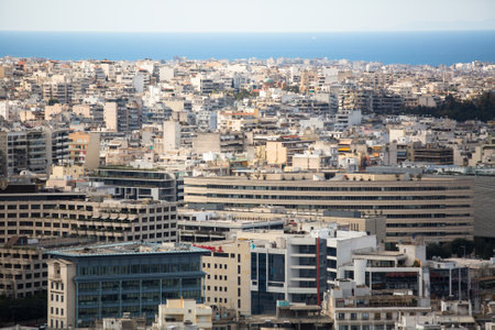 ATHENS, GREECE - CIRCA APR, 2015: Top View of the Aegean sea and streets labyrinth of Greek capital Athens.のeditorial素材