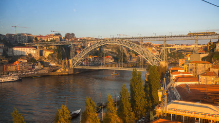 PORTO, PORTUGAL - CIRCA JUN, 2015: Ribeira, Luiz iron bridge in background. In 1996, UNESCO recognised Old Town of Porto as a World Heritage Site.のeditorial素材