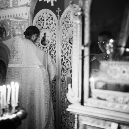 KOH CHANG - THAILAND - JAN 7, 2016: Christmas service and the vigil on Feast of the Nativity of Christ (Russian Orthodox Church) in the temple of St. Sergius of Radonezh, built on island in Jan 2015.のeditorial素材