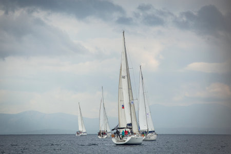 MONEMVASIA, GREECE - CIRCA MAY, 2014: Boats participate in sailing regatta 11th Ellada 2014 Spring...