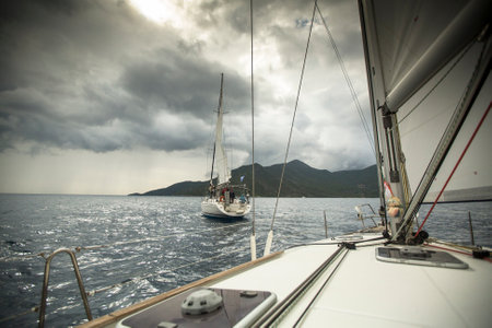 MONEMVASIA, GREECE - CIRCA MAY, 2014: Boats participate in sailing regatta 11th Ellada 2014 Spring among Greek island group in the Aegean Sea, in Cyclades and Argo-Saronic Gulf.のeditorial素材