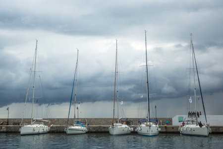 MONEMVASIA, GREECE - CIRCA MAY, 2014: Boats participate in sailing regatta 11th Ellada 2014 Spring among Greek island group in the Aegean Sea, in Cyclades and Argo-Saronic Gulf.のeditorial素材