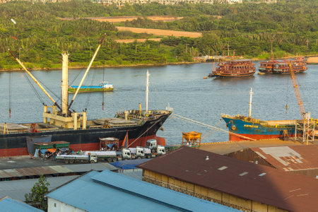 HO CHI MINH, VIETNAM - JAN 15, 2016: Top view of the Saigon Port. Saigon Port is a network of ports in Ho Chi Minh City. By 2013, it has become the 24th busiest container port in the world.のeditorial素材