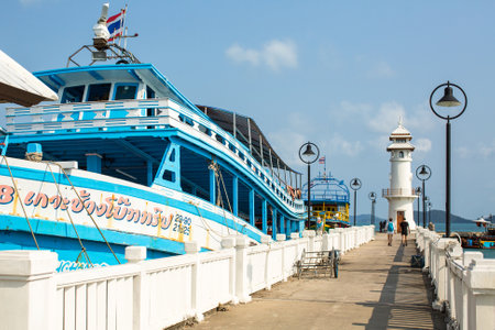 KOH CHANG, THAILAND - JAN 30, 2016: Tourist boat at the pier in Bang Bao fishing village (most touristic on the Island) From the pier of Bang Bao daily boats for excursions (500-1000 baht per person).のeditorial素材
