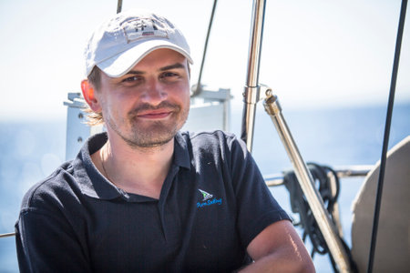 SYROS-KYTHNOS, GREECE - CIRCA MAY, 2014: Sailors participate in sailing regatta 11th Ellada 2014 among Greek island group in the Aegean Sea, in Cyclades and Argo-Saronic Gulf.のeditorial素材