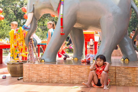 KOH CHANG, THAILAND - JAN 7, 2016: During the celebration Chinese New Year in the Chinese temple. 4714 year (traditional lunisolar Chinese calendar) begins February 8, characters: Monkey, fire, red.のeditorial素材