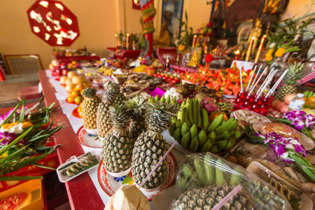 KOH CHANG, THAILAND - JAN 7, 2016: During the celebration Chinese New Year in the Chinese temple. 4714 year (traditional lunisolar Chinese calendar) begins February 8, characters: Monkey, fire, red.のeditorial素材