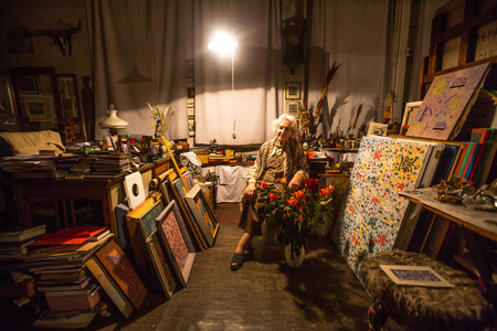 KRAKOW, POLAND - FEB 28, 2014: Professor Janina Kraupe-Swiderska (1921-2016), one of the leading Polish contemporary artist, portrait in studio at Krakow.のeditorial素材