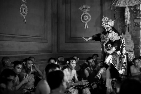 UBUD, BALI / INDONESIA - FEB 27, 2016: Unidentified dancers performing traditional balinese Kecak Trance Fire Dance. Kecak (also known as Ramayana Monkey Chant) is very popular cultural show on Bali.のeditorial素材