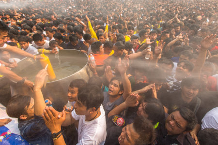 WAT BANG PHRA, THAILAND - MART 19, 2016: Blessing with Holy water of participants Wai Kroo (Luang...