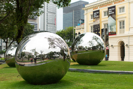 SINGAPORE - JAN 19, 2016: Mirror Balls in Empress Place in front of Asian Civilizations Museum. On...