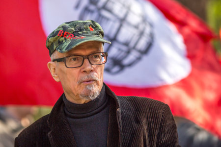 MOSCOW, RUSSIA - MAY 1, 2016: Eduard Limonov, russian nationalist writer and political dissident, founder and former leader of the banned National Bolshevik Party, in rally marking the May Day.のeditorial素材