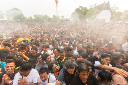 WAT BANG PHRA, THAILAND - MART 19, 2016: Blessing with Holy water of participants Wai Kroo (Luang...