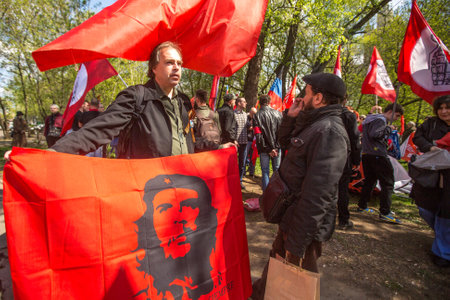 MOSCOW, RUSSIA - MAY 1, 2016: Unidentified National Bolsheviks, together with Communist party supporters take part in a rally marking the May Day in the  center of Moscow.のeditorial素材
