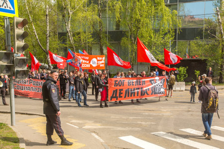 MOSCOW, RUSSIA - MAY 1, 2016: Unidentified National Bolsheviks, together with Communist party...
