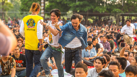 WAT BANG PHRA, THAILAND - MAR 19, 2016: Unknown participants of Master Day Ceremony at able Khong Khuen (spirit possession) during the Wai Kroo ritual at Bang Pra monastery, about 50 km of Bangkok.のeditorial素材