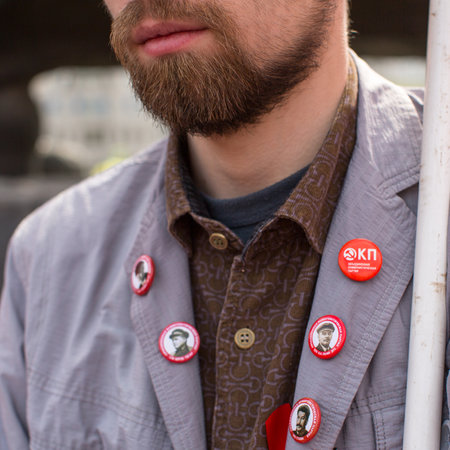 MOSCOW, RUSSIA - MAY 1, 2016: Communist party supporters together with National Bolsheviks take part in a rally marking the May Day in the  center of Moscow.のeditorial素材
