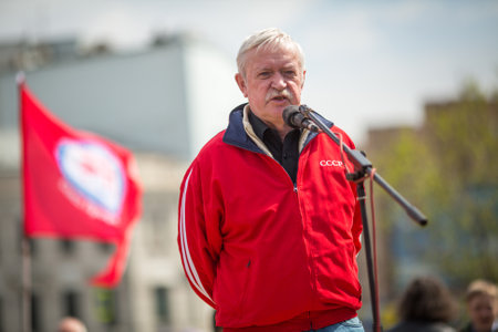 MOSCOW, RUSSIA - MAY 1, 2016: Communist party supporters together with National Bolsheviks take part in a rally marking the May Day in the  center of Moscow.のeditorial素材
