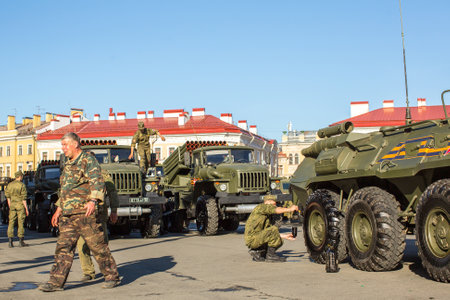 St.PETERSBURG, RUSSIA - MAY 8, 2016: Military equipment deployed near Palace Square in preparation for the military parade on May 9.のeditorial素材