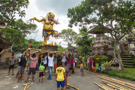 UBUD, BALI - MAR 8, 2016: Unidentified people during the celebration before Nyepi - Balinese Day of Silence. Day Nyepi is also celebrated as New Year - according Balinese calendar now came 1938 year.のeditorial素材