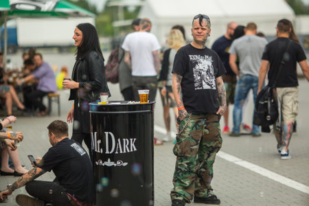 KRAKOW, POLAND - JUNE 11, 2016: Unidentified festival participant during the 11-th International Tattoo Convention in the Congress-EXPO Center of Krakow.のeditorial素材