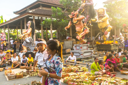 UBUD, BALI - MAR 8, 2016: Unidentified people during the celebration Nyepi - Balinese Day of Silence. Day Nyepi is also celebrated as New Year - according Balinese calendar now came 1938 year.のeditorial素材