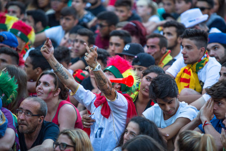 PORTO, PORTUGAL - JUL 10, 2016: Portuguese fans during video translation of the football match...