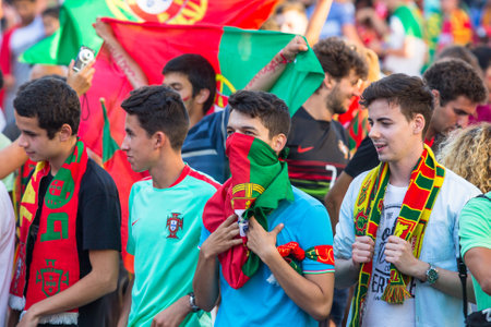 PORTO, PORTUGAL - JUL 10, 2016: Portuguese fans during video translation of the football match...