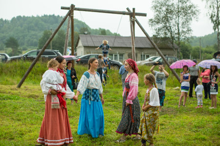 GRISHINO, RUSSIA - JUL 30, 2016: Unidentified participants of the Festival of folk culture Russian Tea. Festival held annually in Grishino ecovillage since 2012.のeditorial素材