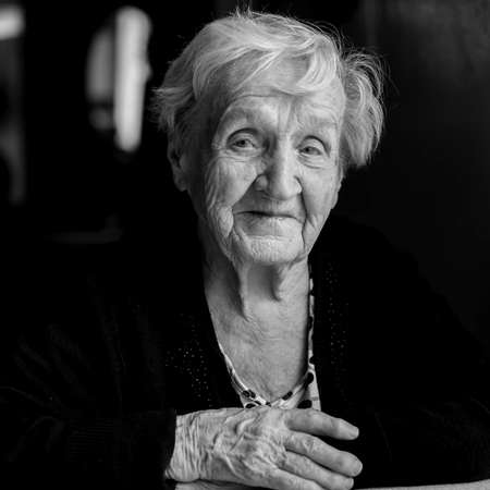 Black and white portrait of an elderly woman.の写真素材