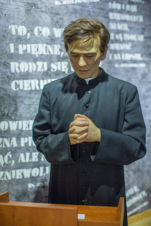 KRAKOW, POLAND - SEP 9, 2016: Jerzy Popieluszko (Polish Roman Catholic priest, Martyr of the Catholic Church) wax figure of Polonia Wax Museum at Main Market Square.のeditorial素材