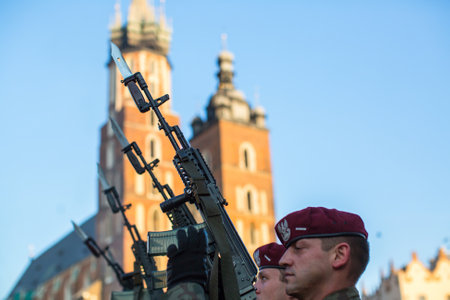 KRAKOW, POLAND - SEP 10, 2016: Polish soldiers on guard of the ceremony is the vow of first classes of the Jan III Sobieski High School (founded 1883) at the Main Market Square near St.Mary Cathedral.のeditorial素材