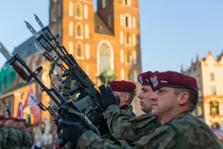 KRAKOW, POLAND - SEP 10, 2016: Polish soldiers on guard of the ceremony is the vow of first classes of the Jan III Sobieski High School (founded 1883) at the Main Market Square near St.Mary Cathedral.のeditorial素材