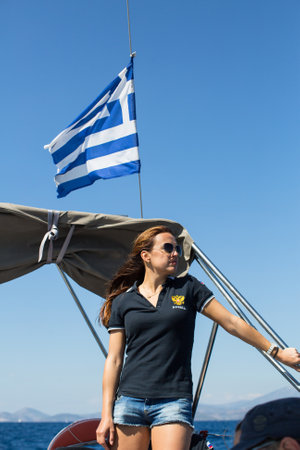 ERMIONI, GREECE - SEP 28, 2016: Russian sailors participate in sailing regatta 16th Ellada Autumn 2016 among Greek island group in the Aegean Sea, in Cyclades and Saronic Gulf.のeditorial素材