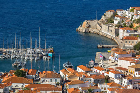 Top view of Hydra island, yacht marina at the Aegean sea, Greece.の写真素材