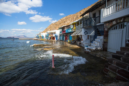 MILOS, GREECE - SEP 25, 2016: Scenic view of traditional fisherman village Klima on the island. Milos - vulcanic island with beautiful beaches, visited by thounds of tourist every year.のeditorial素材
