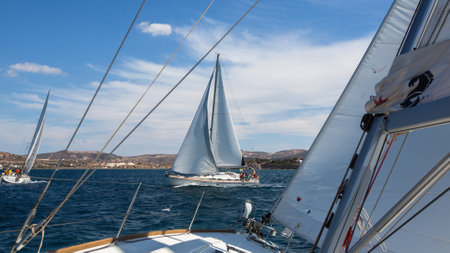 MILOS, GREECE - SEP 26, 2016: Sailors participate in sailing regatta 16th Ellada Autumn 2016 among...
