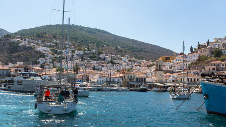 HYDRA, GREECE - SEP 28, 2016: Sailors participate in sailing regatta 16th Ellada Autumn 2016 among Greek island group in the Aegean Sea, in Cyclades and Saronic Gulf.のeditorial素材