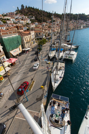 POROS, GREECE - OCT 6, 2016: Shot from the top of the mast during in sailing regatta 16th Ellada Autumn 2016 among Greek island group in the Aegean Sea, in Cyclades and Saronic Gulf.のeditorial素材