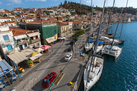 POROS, GREECE - OCT 6, 2016: Shot from the top of the mast during in sailing regatta 16th Ellada Autumn 2016 among Greek island group in the Aegean Sea, in Cyclades and Saronic Gulf.のeditorial素材